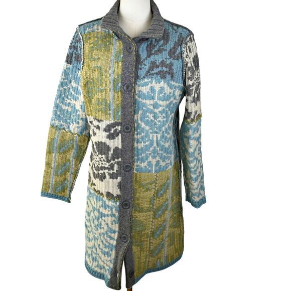 Sundance Lambswool Sweater Womens MED Button Front Long Duster Artsy Patchwork - Picture 2 of 8